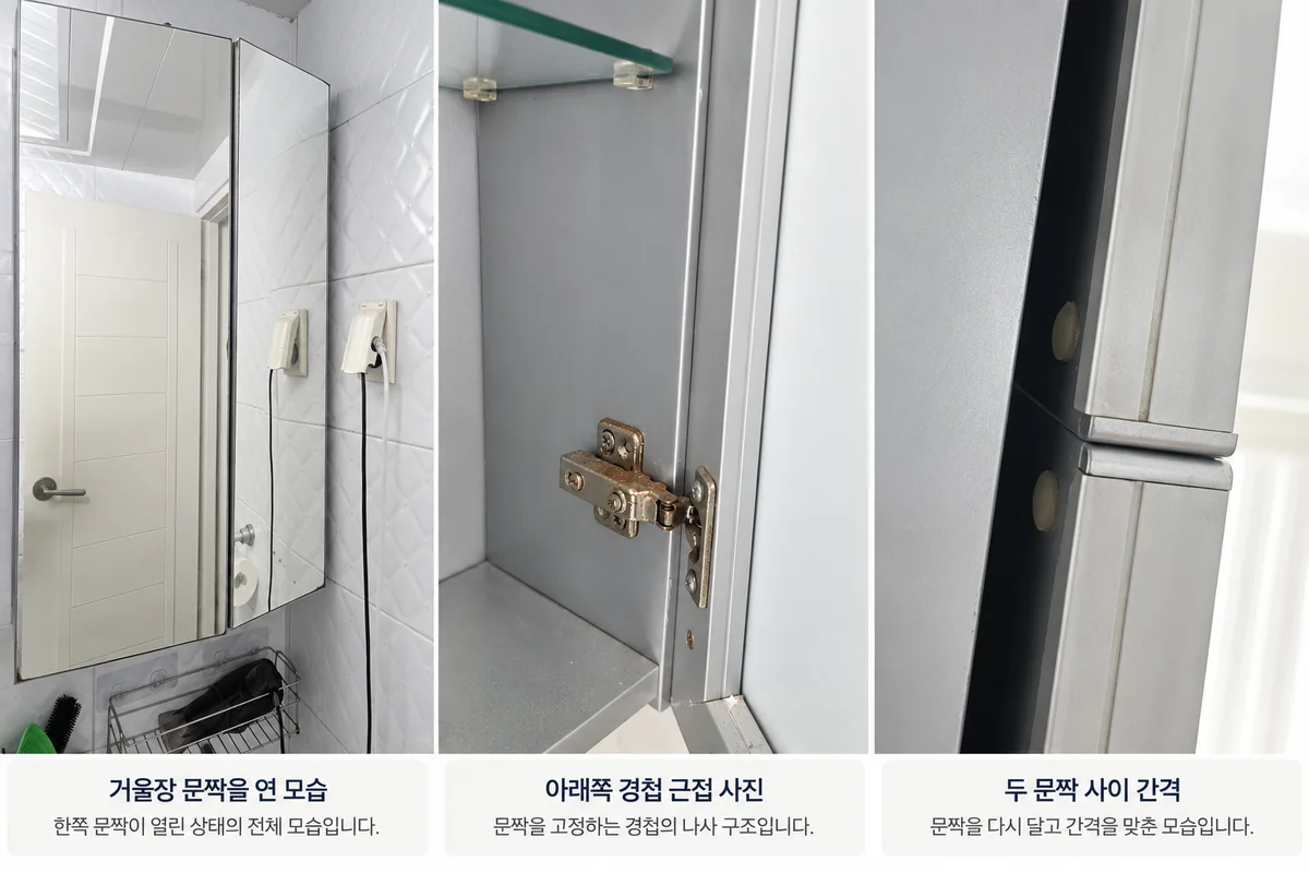 욕실장 문짝 경첩 조절 위치를 표시한 사진